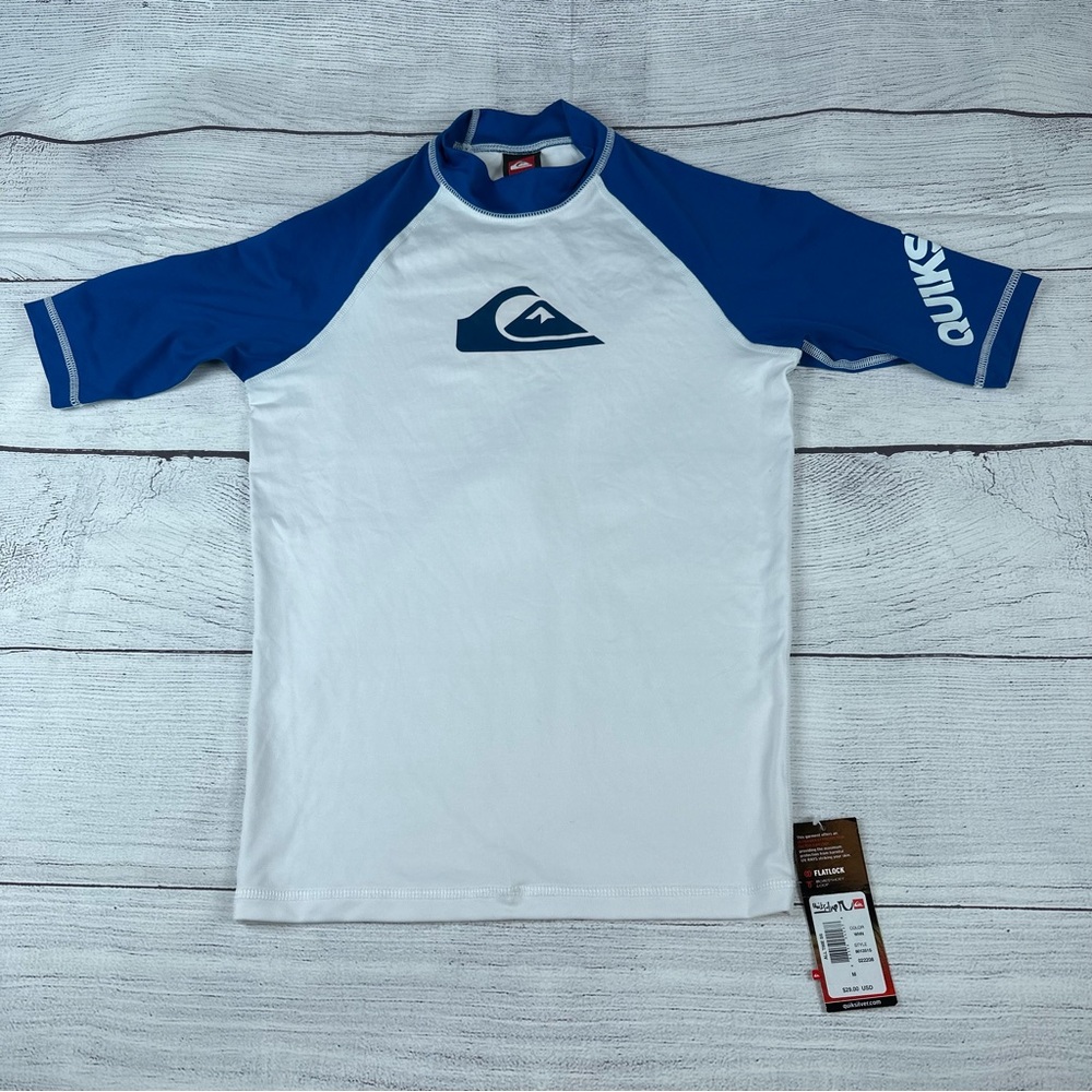 NWT Quicksilver Rashguard White/Blue Shirt SPF 50, Surf, Dive, Size Medium